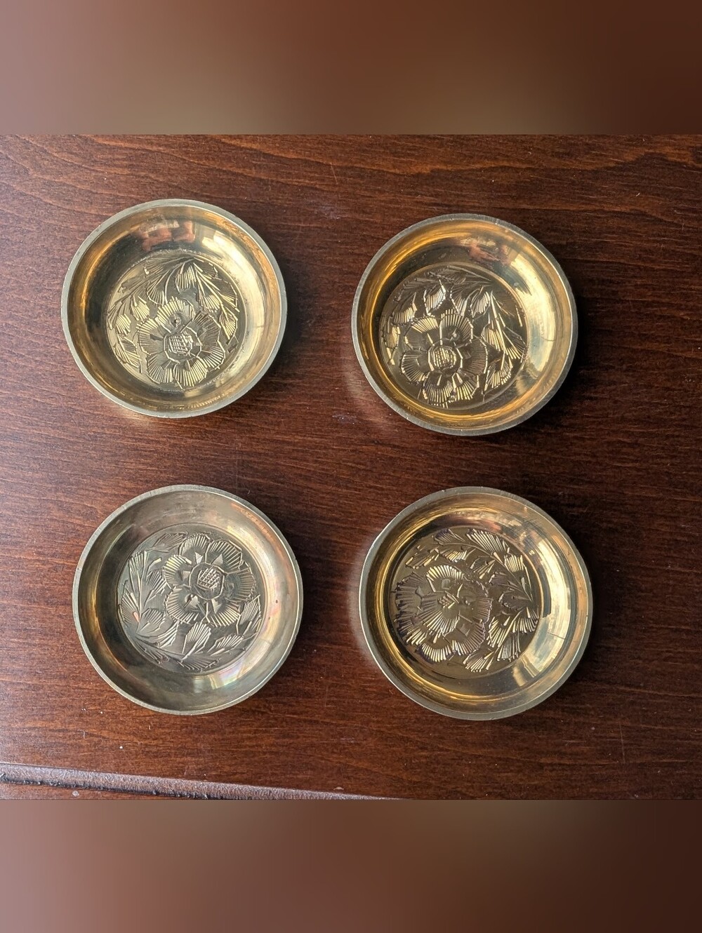 Vintage 1960s World Gift Co Brass Tiki Trays/Incense/Trinket Floral 2in Set Of 4
